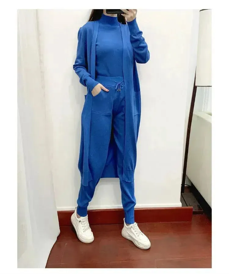 3 Piece Long Cardigan Women Pants Sweater Set
