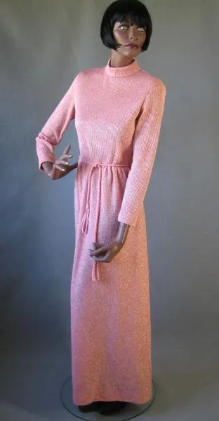 70s Vintage Peach Sparkle Knit Mod Party Dress Women's Maxi Medium Stars VFG Bleeker Street