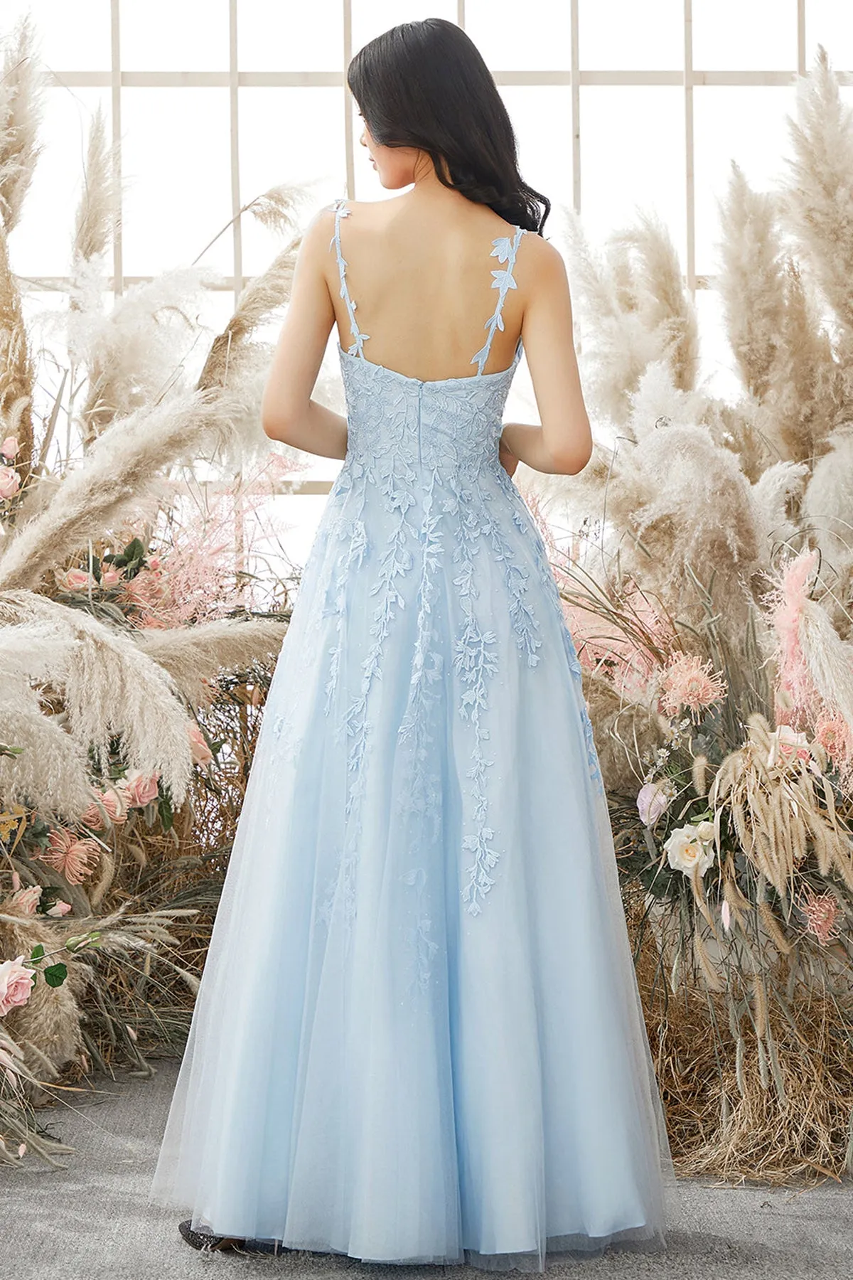 A Line V Neck Backless Blue Lace Long Prom Dress, Open Back Blue Tulle Formal Dress, Blue Lace Evening Dress A1496