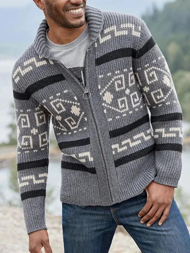 Aidase Men's Lapel Cardigan Printed Decor European And American Hand Knitting Wool Soft Stretchy Coat Loose Various Size Male Sweater