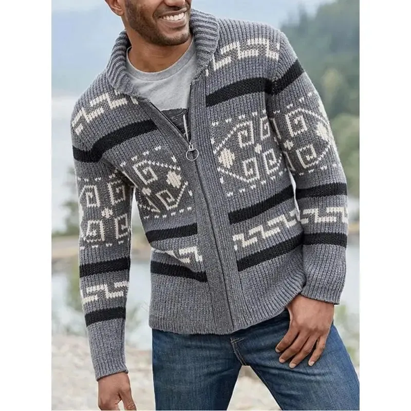Aidase Men's Lapel Cardigan Printed Decor European And American Hand Knitting Wool Soft Stretchy Coat Loose Various Size Male Sweater