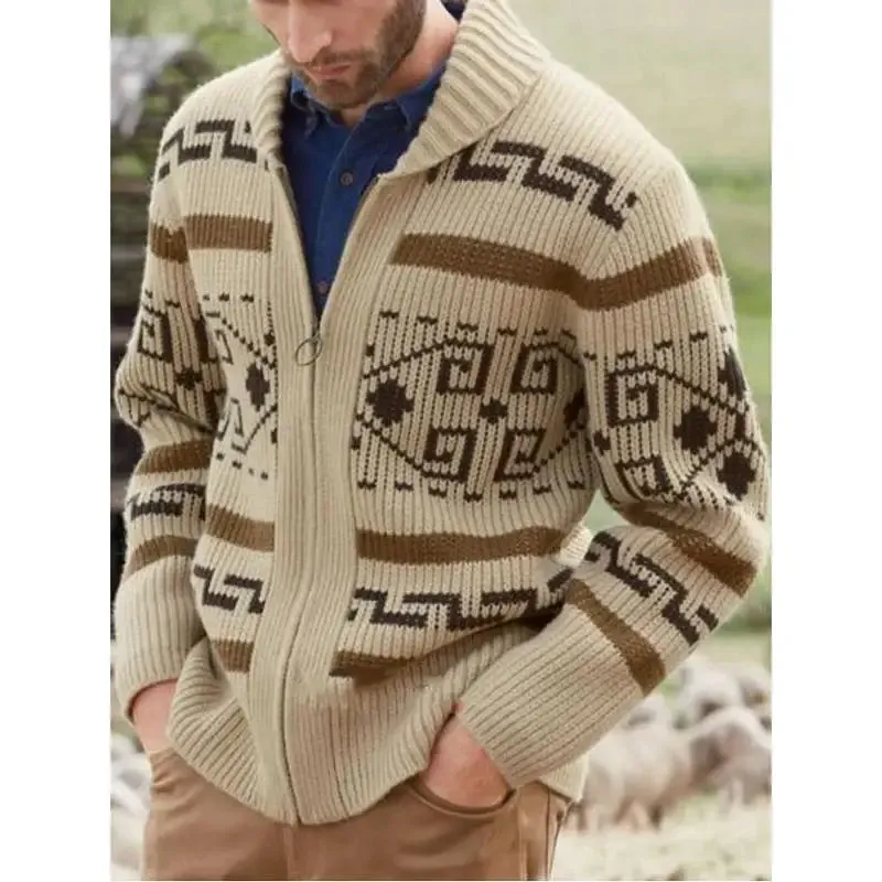 Aidase Men's Lapel Cardigan Printed Decor European And American Hand Knitting Wool Soft Stretchy Coat Loose Various Size Male Sweater