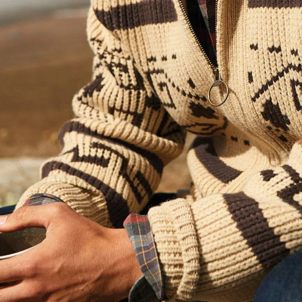 Aidase Men's Lapel Cardigan Printed Decor European And American Hand Knitting Wool Soft Stretchy Coat Loose Various Size Male Sweater