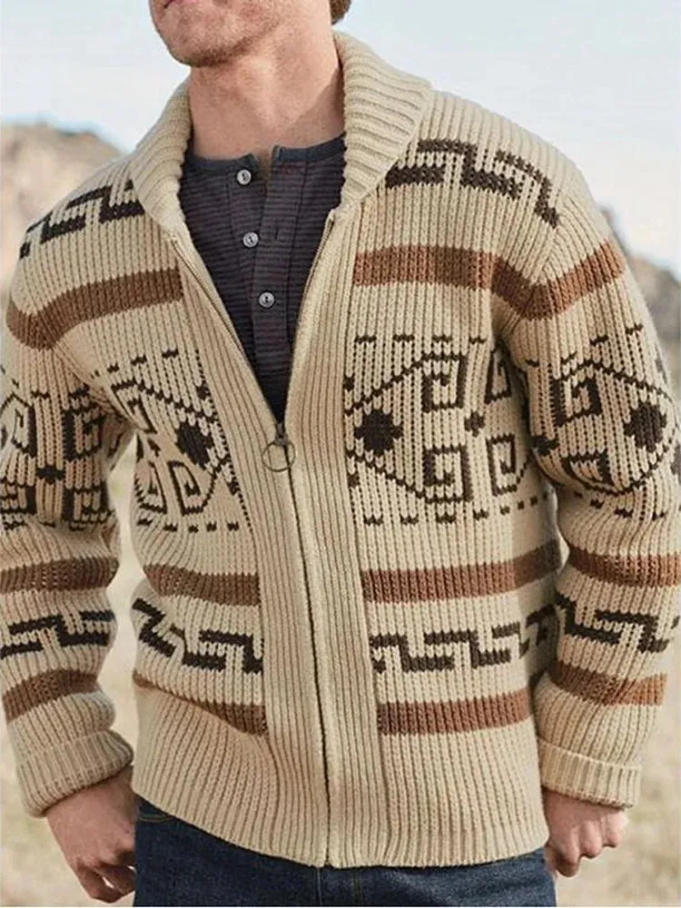 Aidase Men's Lapel Cardigan Printed Decor European And American Hand Knitting Wool Soft Stretchy Coat Loose Various Size Male Sweater