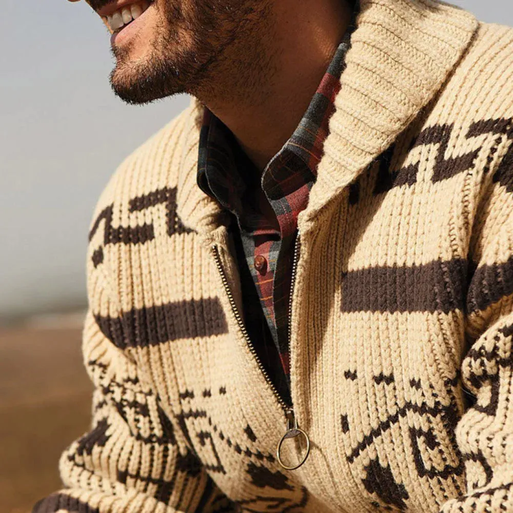Aidase Men's Lapel Cardigan Printed Decor European And American Hand Knitting Wool Soft Stretchy Coat Loose Various Size Male Sweater