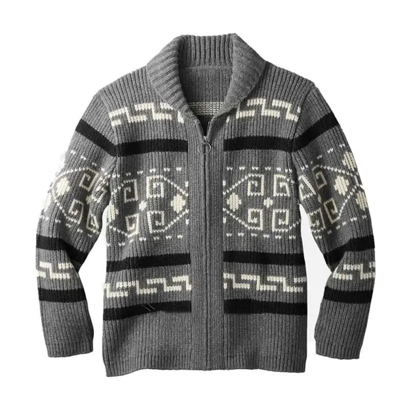Aidase Men's Lapel Cardigan Printed Decor European And American Hand Knitting Wool Soft Stretchy Coat Loose Various Size Male Sweater