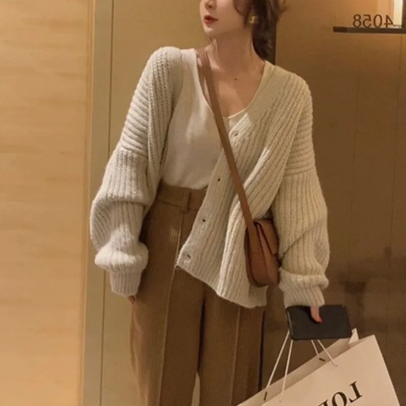 Aiertu fall outfits women Fashionable Lazy Style Ingot Needle Thick Line Sweater Cardigan Women's Autumn Lantern Sleeve Loose Knitted Coat