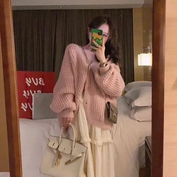 Aiertu fall outfits women Fashionable Lazy Style Ingot Needle Thick Line Sweater Cardigan Women's Autumn Lantern Sleeve Loose Knitted Coat