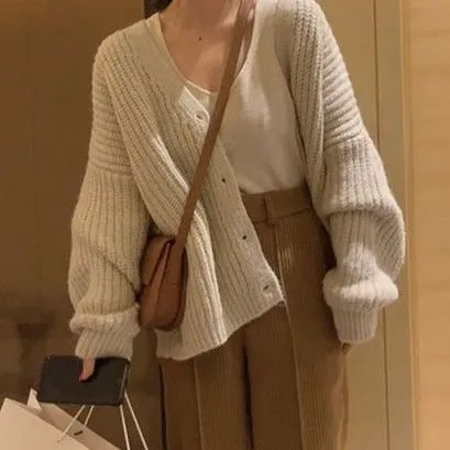 Aiertu fall outfits women Fashionable Lazy Style Ingot Needle Thick Line Sweater Cardigan Women's Autumn Lantern Sleeve Loose Knitted Coat