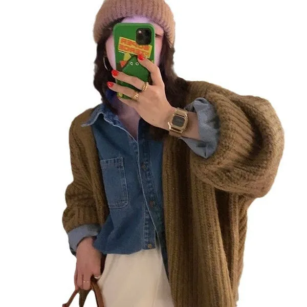 Aiertu fall outfits women Fashionable Lazy Style Ingot Needle Thick Line Sweater Cardigan Women's Autumn Lantern Sleeve Loose Knitted Coat