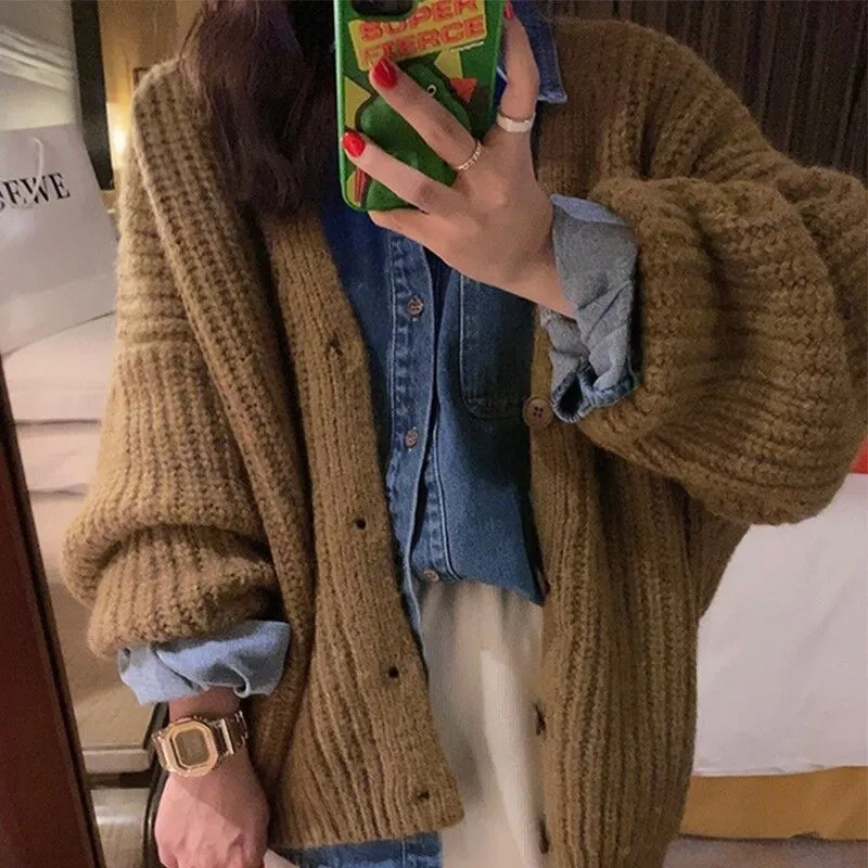 Aiertu fall outfits women Fashionable Lazy Style Ingot Needle Thick Line Sweater Cardigan Women's Autumn Lantern Sleeve Loose Knitted Coat