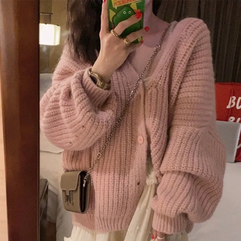 Aiertu fall outfits women Fashionable Lazy Style Ingot Needle Thick Line Sweater Cardigan Women's Autumn Lantern Sleeve Loose Knitted Coat