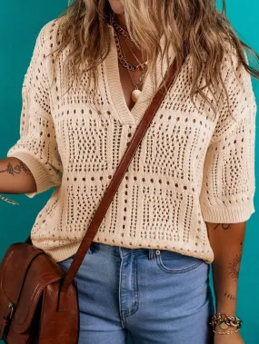 Apricot Crochet V-Neck Knit Sweater Top