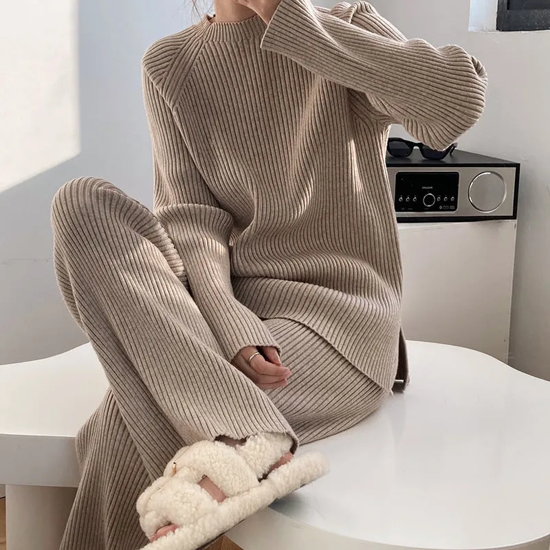 Autumn Winter Fashionable with Side Slit Sweater Suit Thickened Knitting Wide Leg Pants Two Piece Set Female