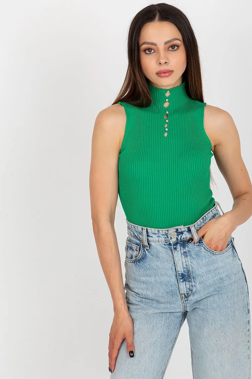 Badu Rhinestone Accent Mock Neck Ribbed Tank Short Sleeve Top