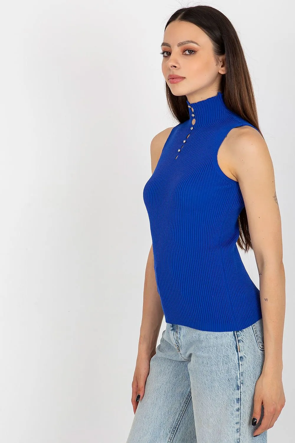 Badu Rhinestone Accent Mock Neck Ribbed Tank Short Sleeve Top