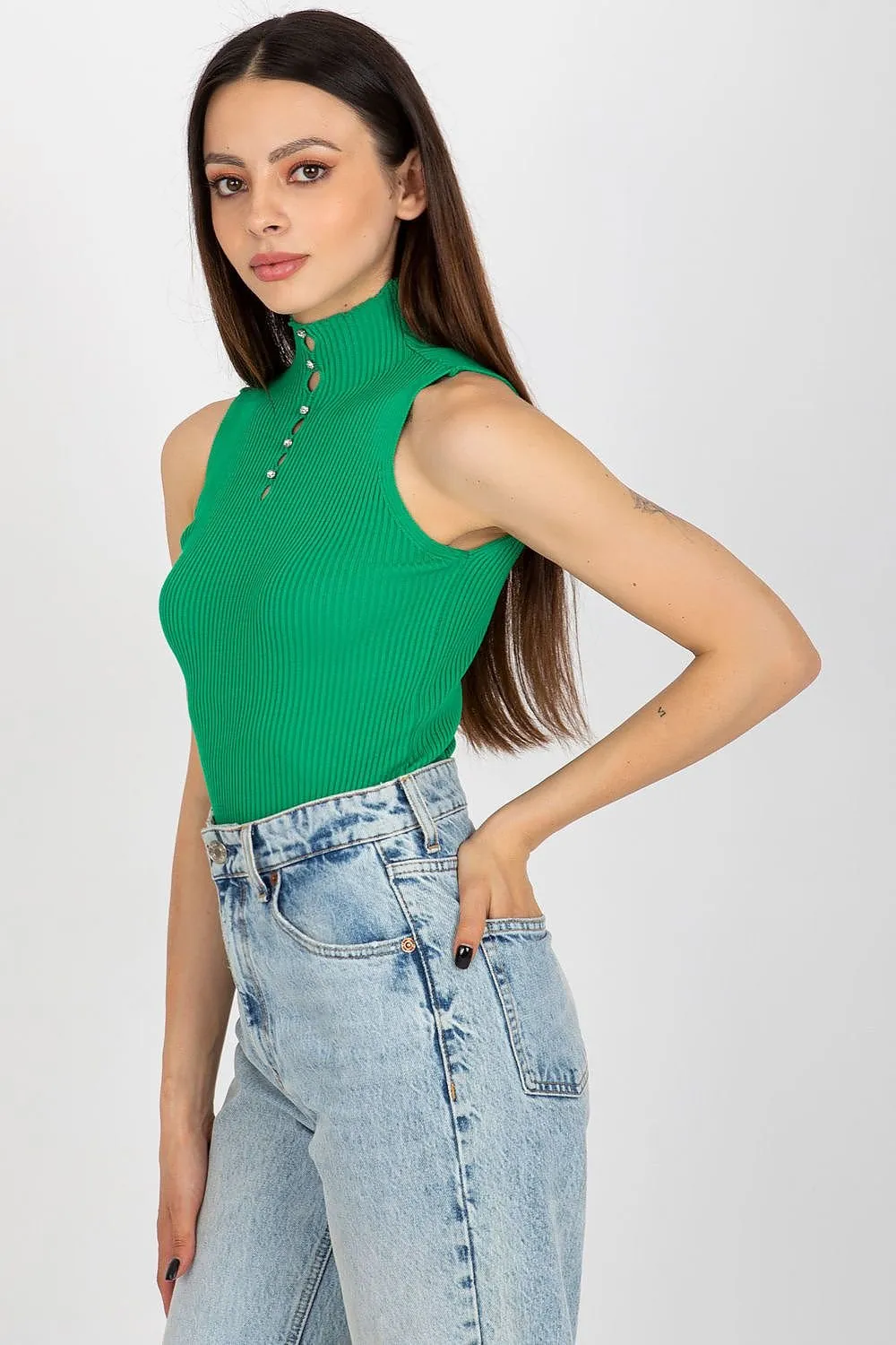 Badu Rhinestone Accent Mock Neck Ribbed Tank Short Sleeve Top