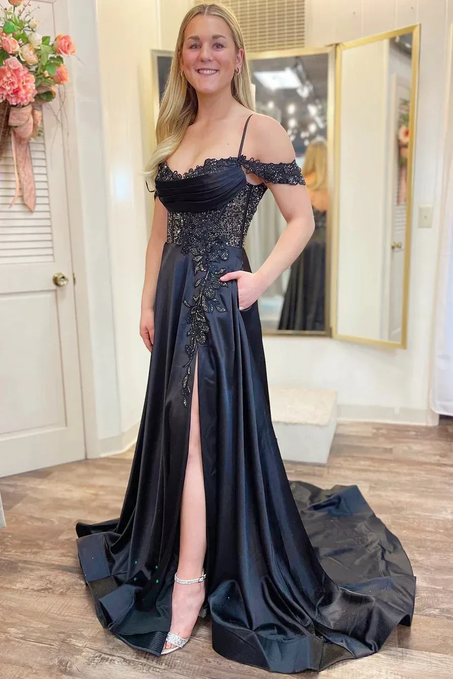 Black A-Line Cold-Shoulder Beaded Prom Dresses, PD2404251