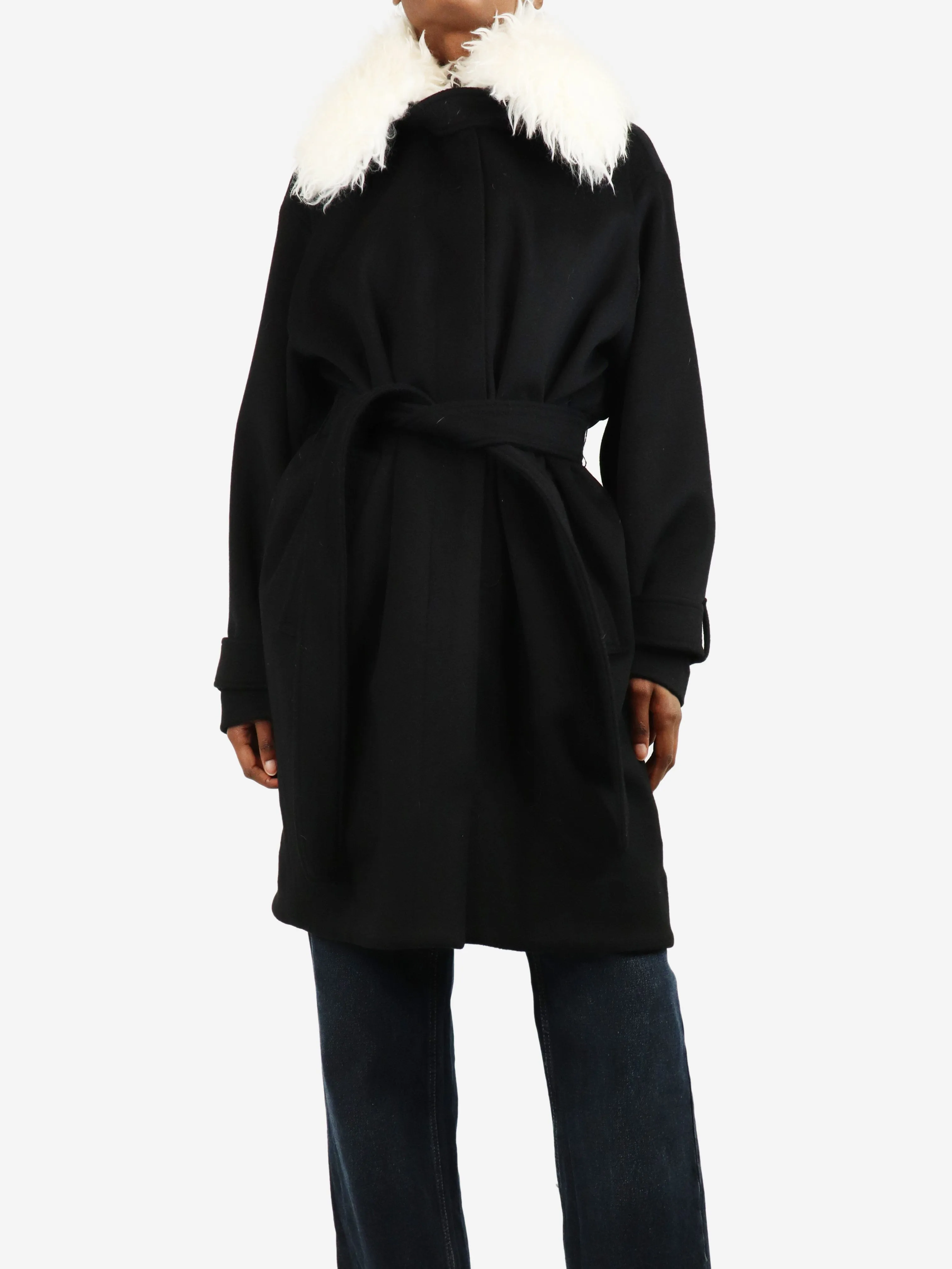Black belted wool coat - size UK 6