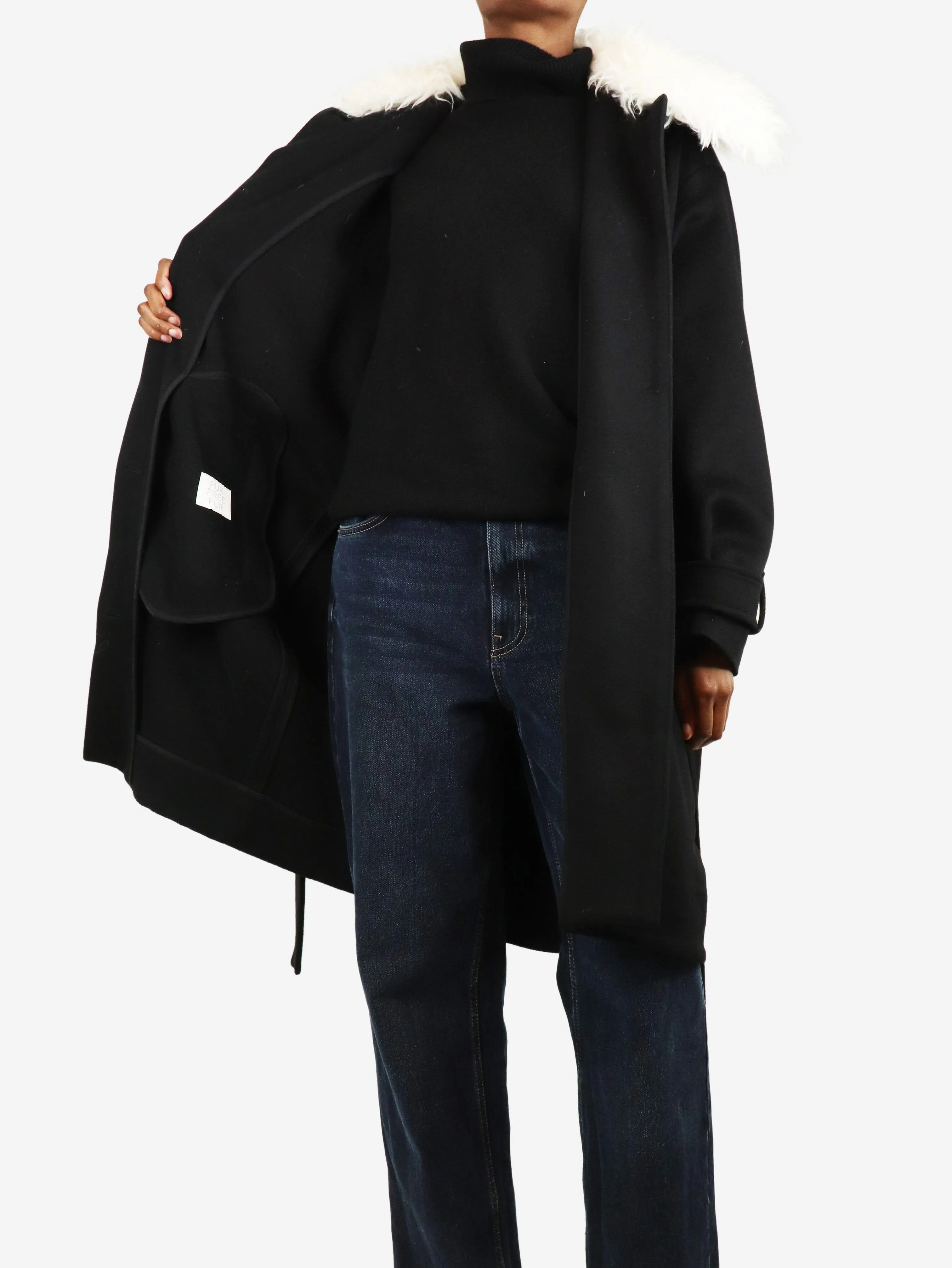 Black belted wool coat - size UK 6