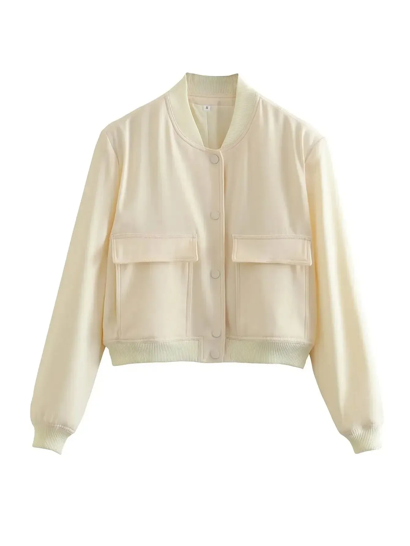 Black Friday Joskaa Basic Stand Collar Women Jacket Long Sleeve Cardigan Button Up Cropped Coat Baseball Outerwear Autumn Winter Clothes