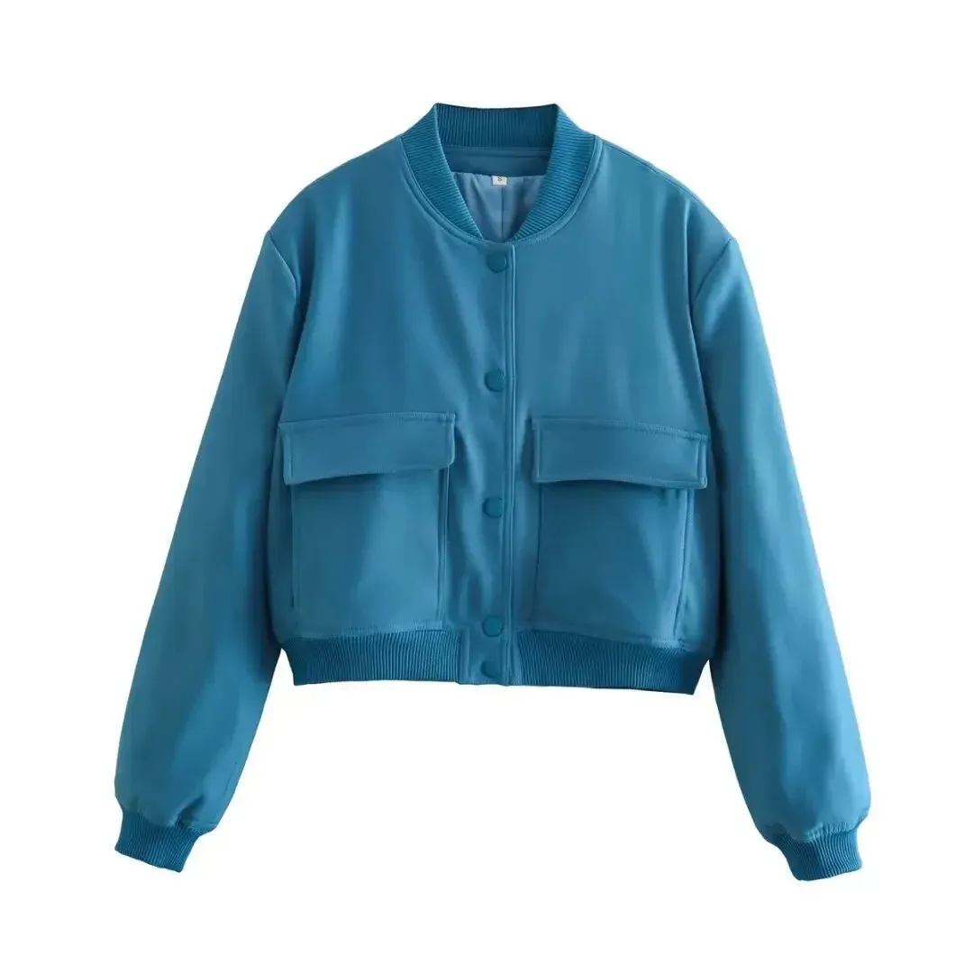 Black Friday Joskaa Basic Stand Collar Women Jacket Long Sleeve Cardigan Button Up Cropped Coat Baseball Outerwear Autumn Winter Clothes