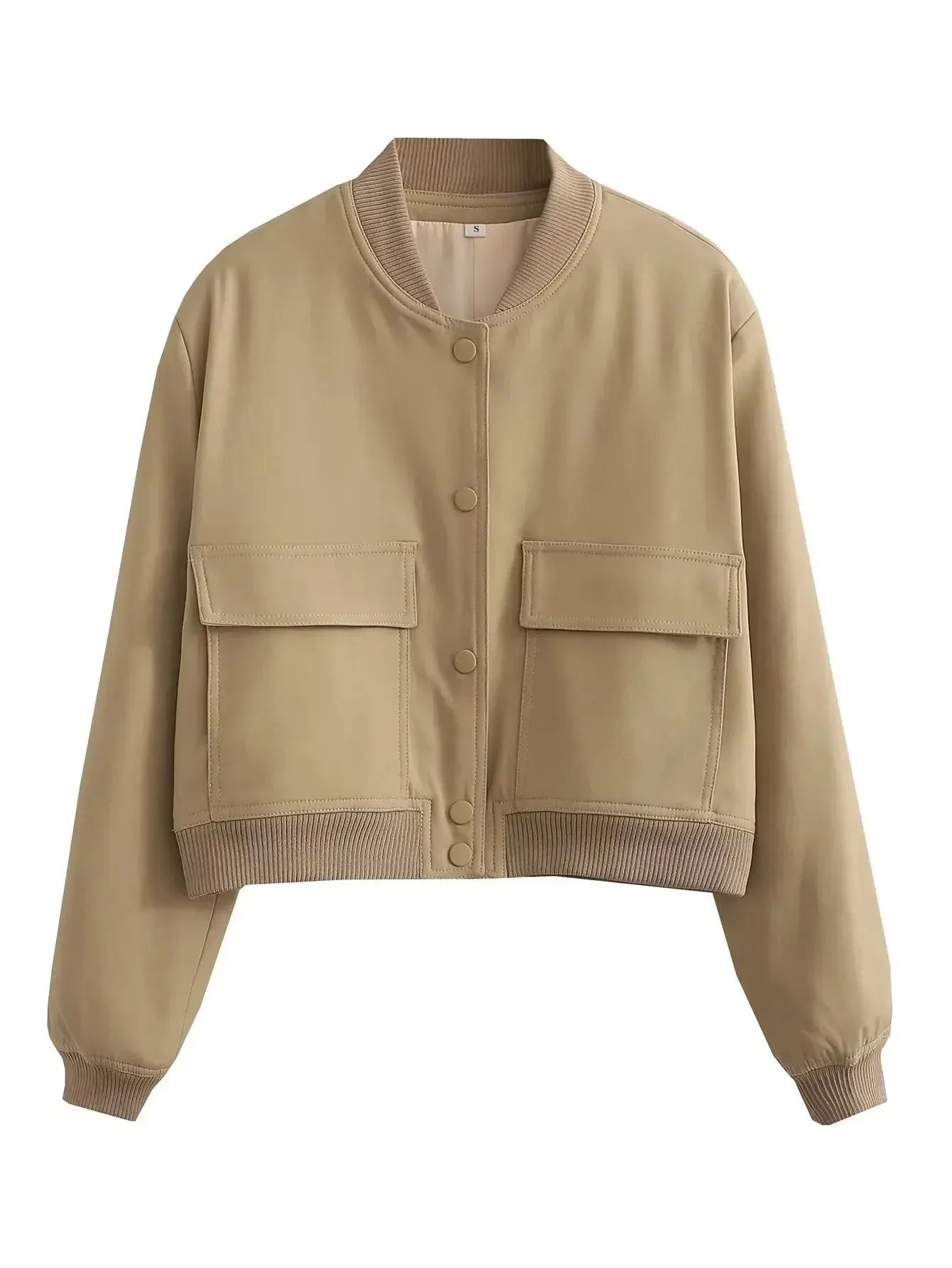Black Friday Joskaa Basic Stand Collar Women Jacket Long Sleeve Cardigan Button Up Cropped Coat Baseball Outerwear Autumn Winter Clothes