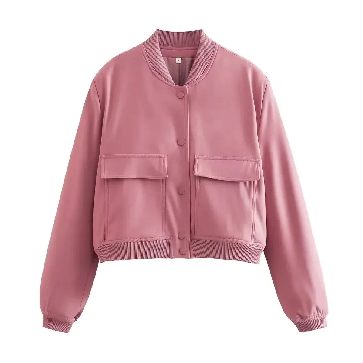 Black Friday Joskaa Basic Stand Collar Women Jacket Long Sleeve Cardigan Button Up Cropped Coat Baseball Outerwear Autumn Winter Clothes
