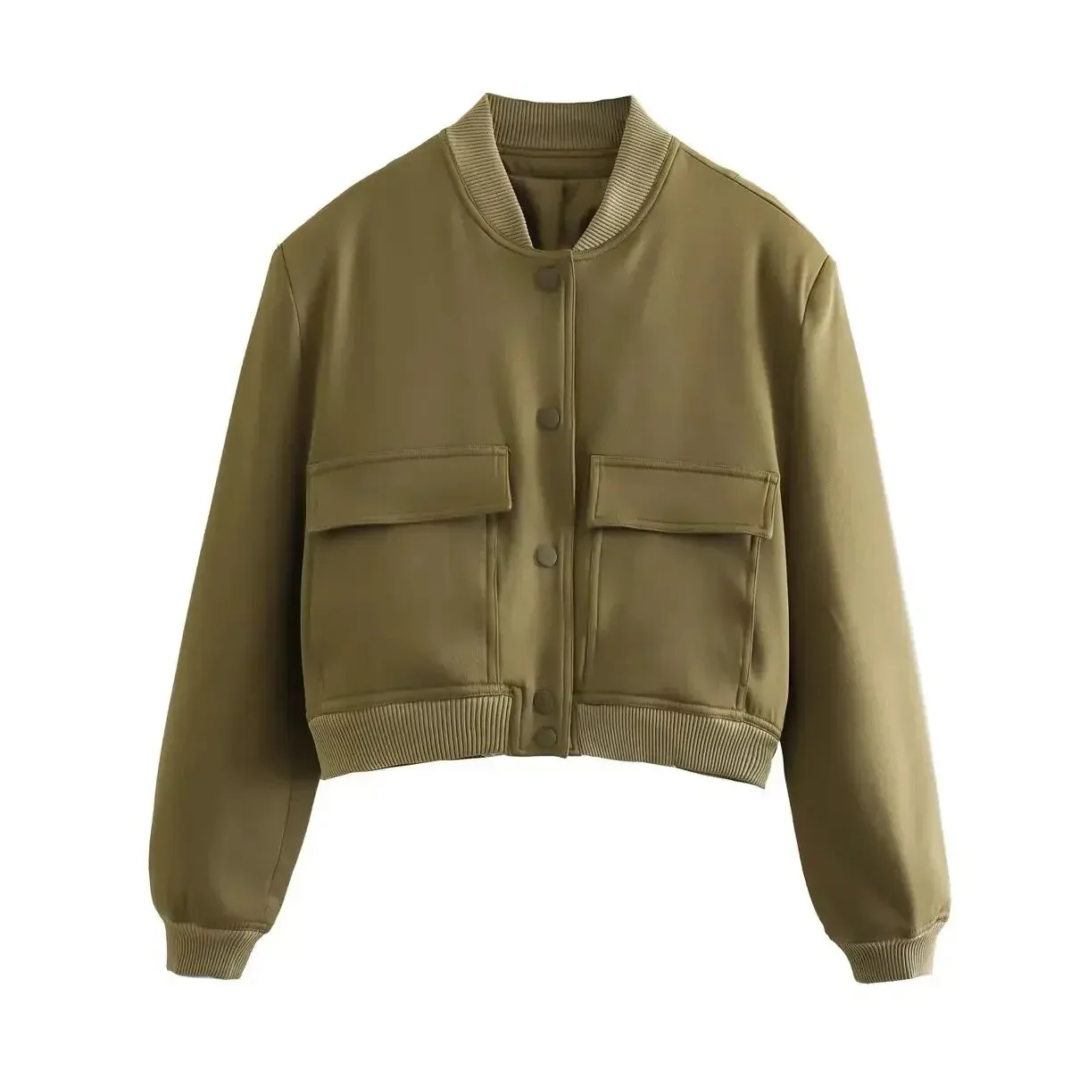 Black Friday Joskaa Basic Stand Collar Women Jacket Long Sleeve Cardigan Button Up Cropped Coat Baseball Outerwear Autumn Winter Clothes