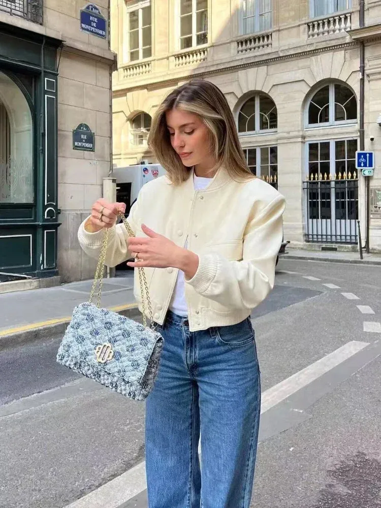 Black Friday Joskaa Basic Stand Collar Women Jacket Long Sleeve Cardigan Button Up Cropped Coat Baseball Outerwear Autumn Winter Clothes