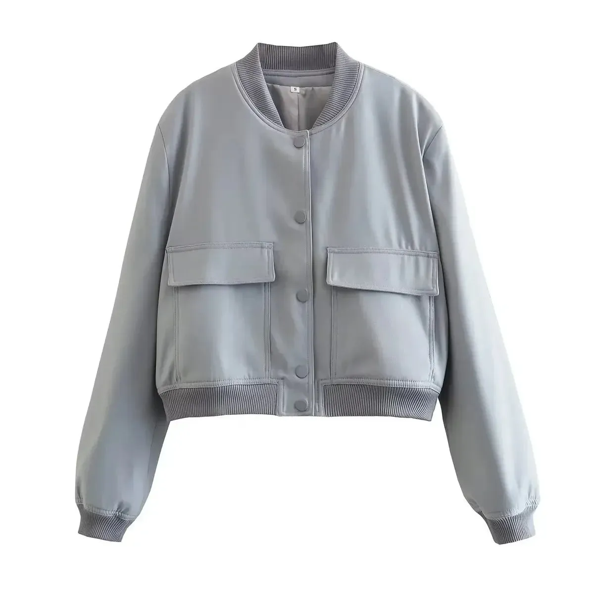 Black Friday Joskaa Basic Stand Collar Women Jacket Long Sleeve Cardigan Button Up Cropped Coat Baseball Outerwear Autumn Winter Clothes