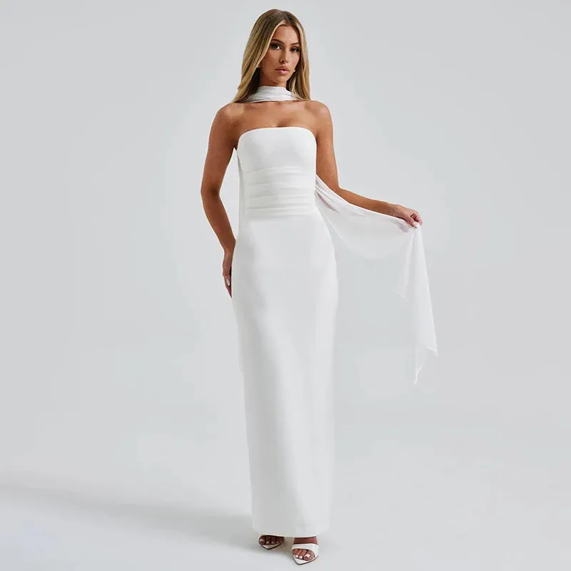 Black Friday Joskaa Elegant Tube Top Long Dress Female With Gloves Halter Neck Ribbon Three Pieces Sexy Backless Bodycon Gown Dresses Woman
