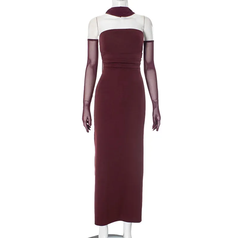 Black Friday Joskaa Elegant Tube Top Long Dress Female With Gloves Halter Neck Ribbon Three Pieces Sexy Backless Bodycon Gown Dresses Woman