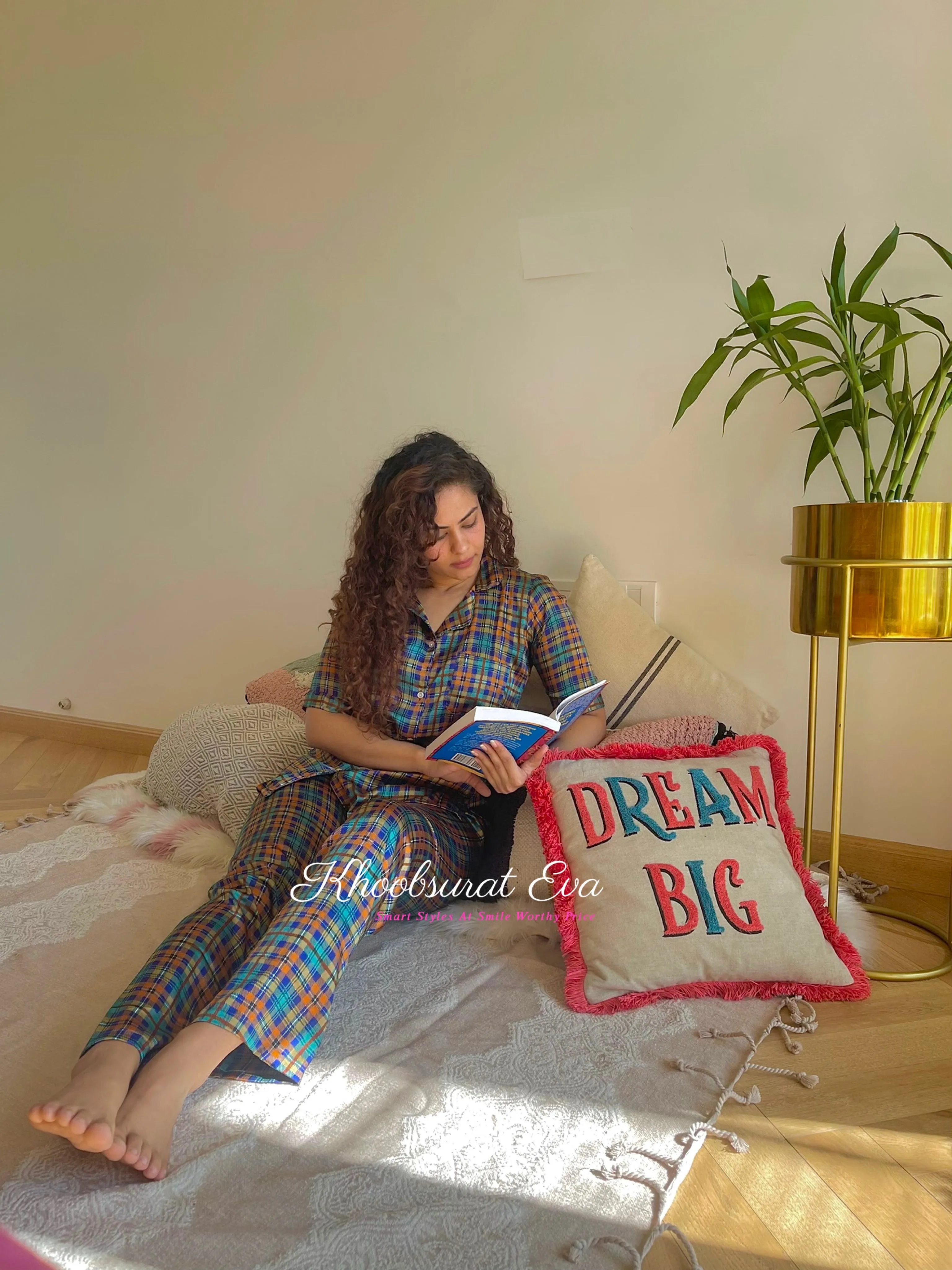 Blue Checks Printed Night Wear
