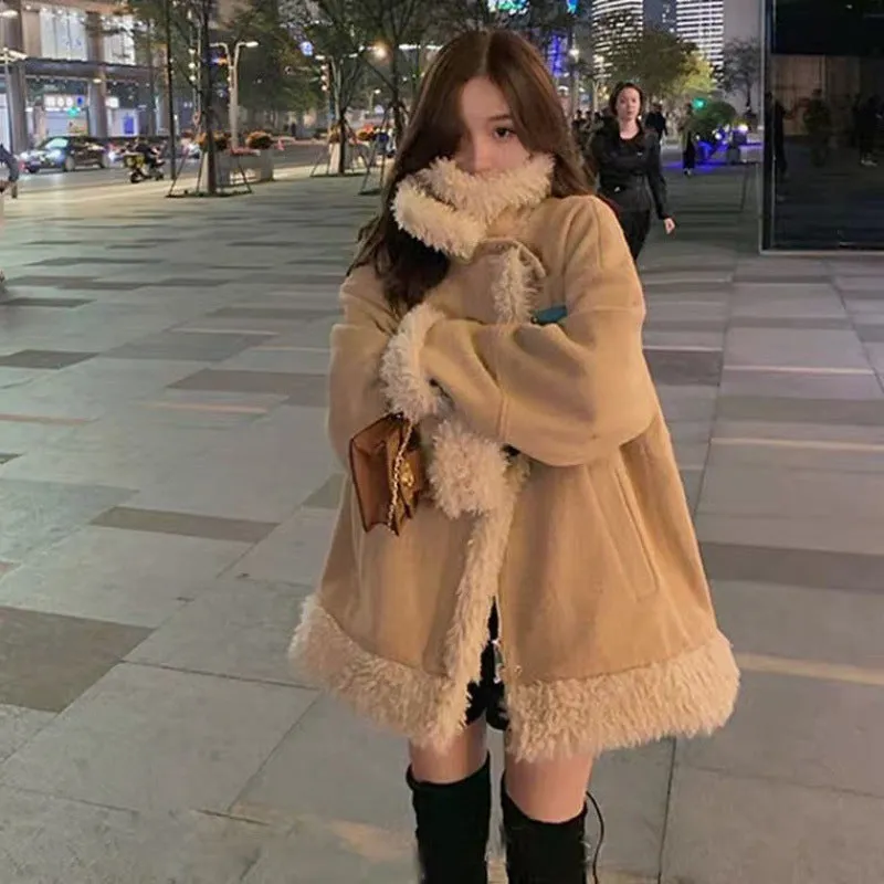 Bonnyshow 2000s fashion Lamb Wool Coat for Women Trendy Autumn and Winter Small Short Fur Integrated Stand Collar Fleece-lined Thickened