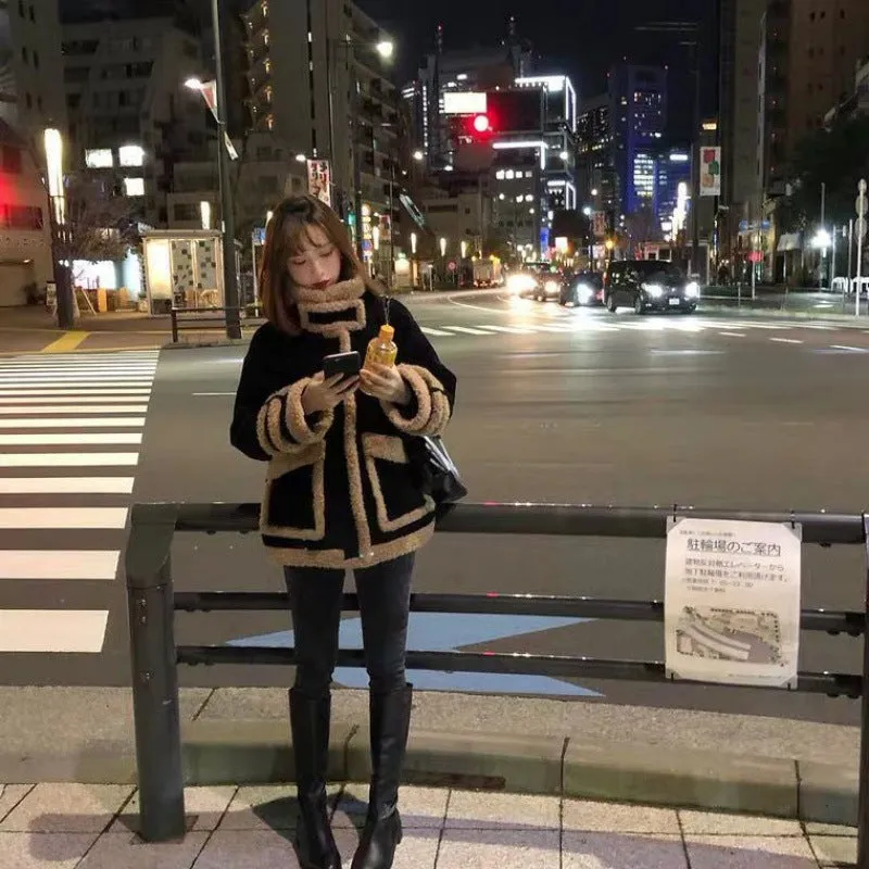 Bonnyshow 2000s fashion Lamb Wool Coat for Women Trendy Autumn and Winter Small Short Fur Integrated Stand Collar Fleece-lined Thickened