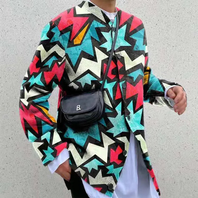 Bonsir Geometric Color Printed Sweater Coat Casual Men Sweatercoat Tricot Knitted Sweater Casaco Masculino Hombre Cardigan Sweater