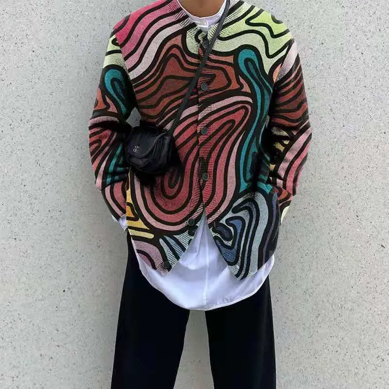Bonsir Geometric Color Printed Sweater Coat Casual Men Sweatercoat Tricot Knitted Sweater Casaco Masculino Hombre Cardigan Sweater