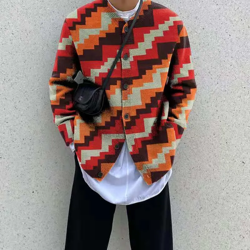 Bonsir Geometric Color Printed Sweater Coat Casual Men Sweatercoat Tricot Knitted Sweater Casaco Masculino Hombre Cardigan Sweater