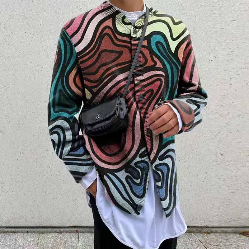 Bonsir Geometric Color Printed Sweater Coat Casual Men Sweatercoat Tricot Knitted Sweater Casaco Masculino Hombre Cardigan Sweater