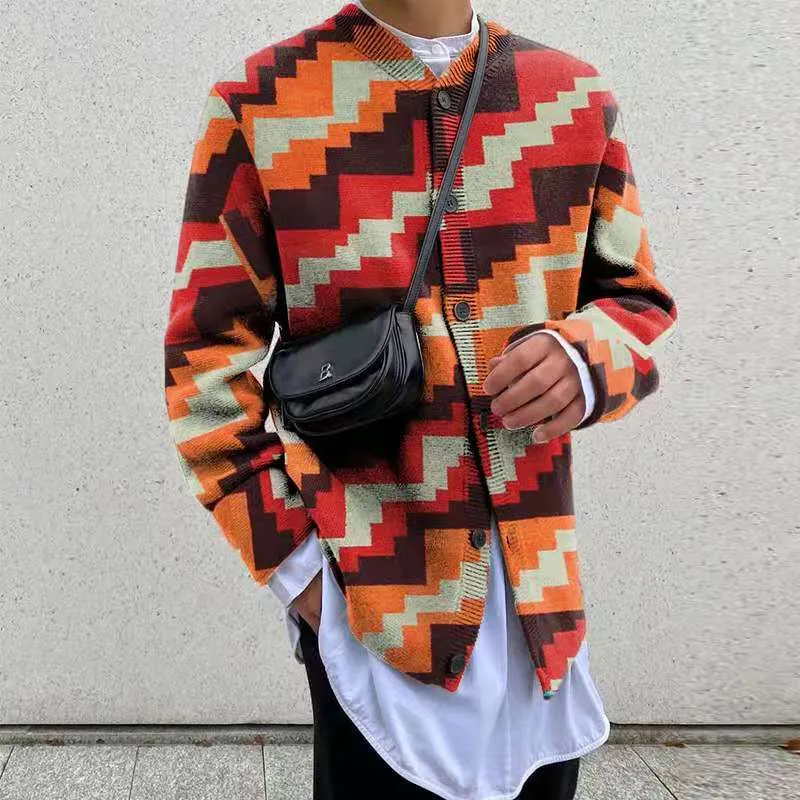 Bonsir Geometric Color Printed Sweater Coat Casual Men Sweatercoat Tricot Knitted Sweater Casaco Masculino Hombre Cardigan Sweater