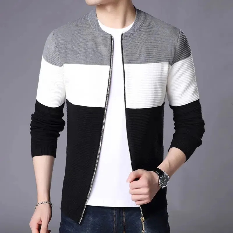 Bonsir Men's Spring and Autumn Fashion Standing Neck Zipper Contrast Color Casual Long Sleeve Slim Fit Sweater Knitted Cardigan Coat