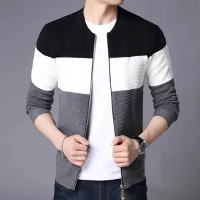 Bonsir Men's Spring and Autumn Fashion Standing Neck Zipper Contrast Color Casual Long Sleeve Slim Fit Sweater Knitted Cardigan Coat
