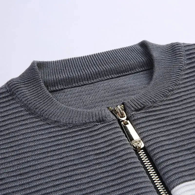 Bonsir Men's Spring and Autumn Fashion Standing Neck Zipper Contrast Color Casual Long Sleeve Slim Fit Sweater Knitted Cardigan Coat