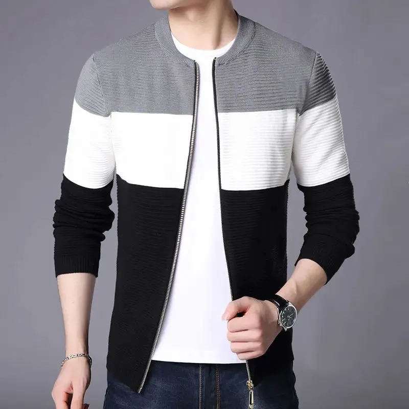 Bonsir Men's Spring and Autumn Fashion Standing Neck Zipper Contrast Color Casual Long Sleeve Slim Fit Sweater Knitted Cardigan Coat