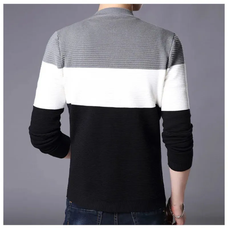 Bonsir Men's Spring and Autumn Fashion Standing Neck Zipper Contrast Color Casual Long Sleeve Slim Fit Sweater Knitted Cardigan Coat