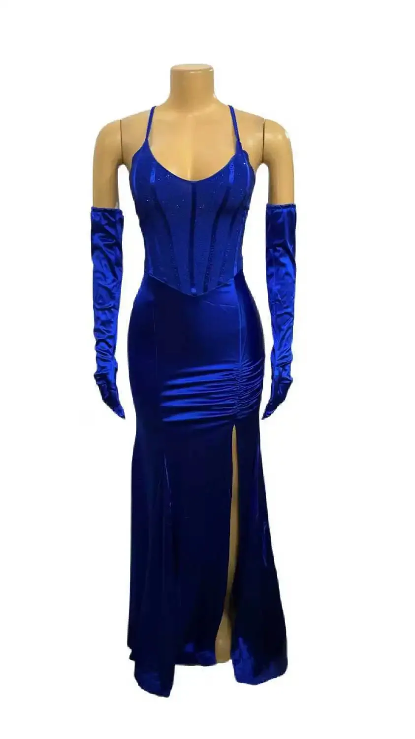 Brianna's V-neck Lace Up Halter Backless Bodycon Diamonds Corset Floor-length Evening Dresses with Gloves