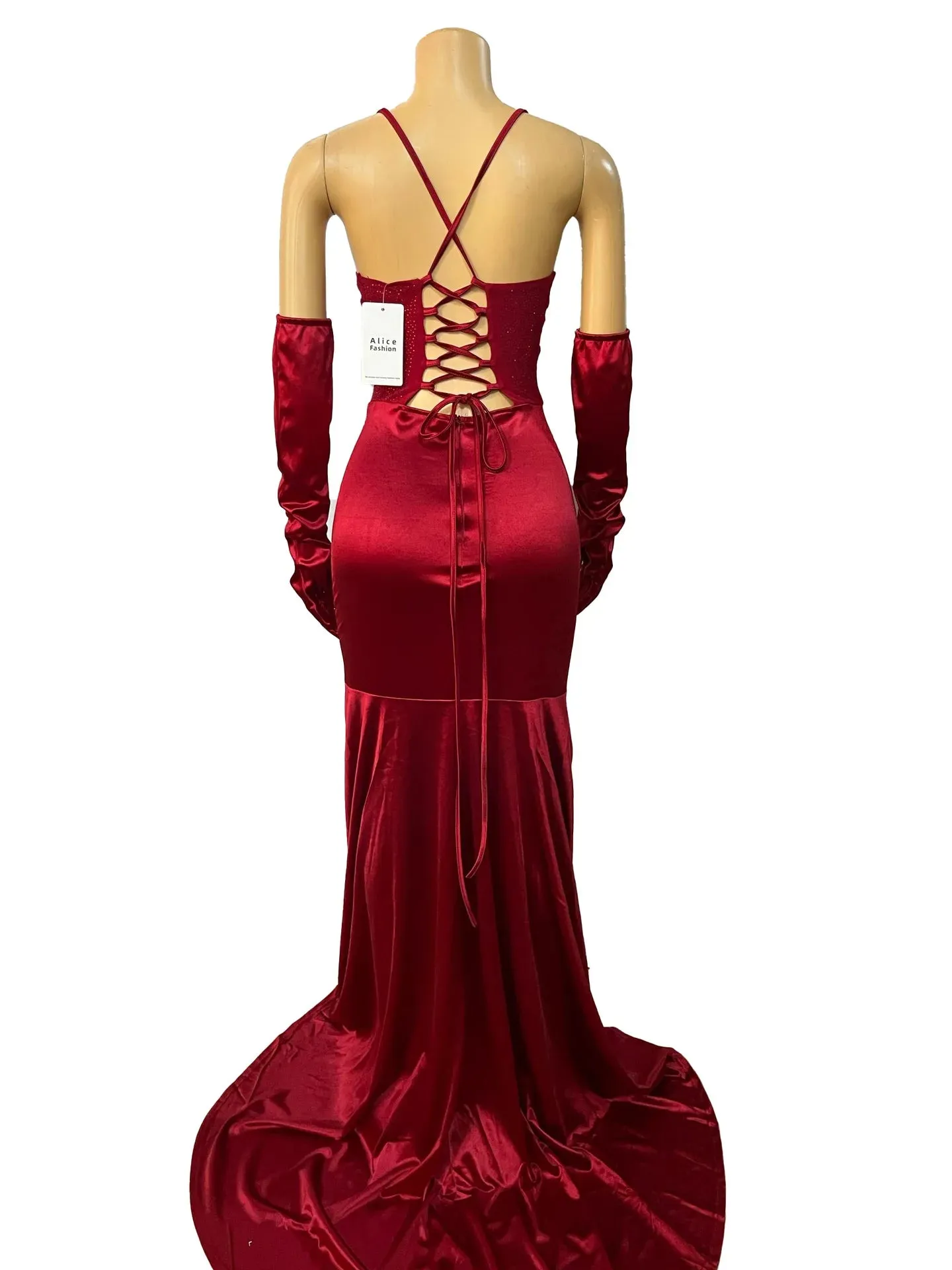 Brianna's V-neck Lace Up Halter Backless Bodycon Diamonds Corset Floor-length Evening Dresses with Gloves