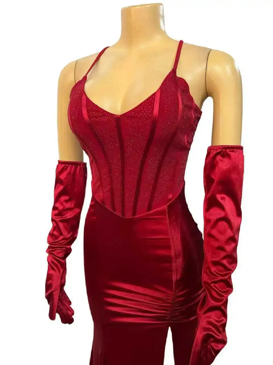 Brianna's V-neck Lace Up Halter Backless Bodycon Diamonds Corset Floor-length Evening Dresses with Gloves