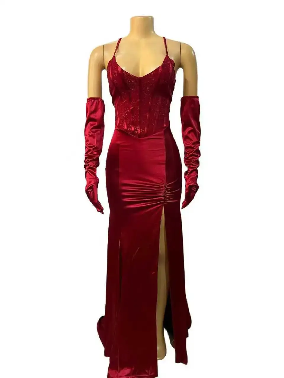 Brianna's V-neck Lace Up Halter Backless Bodycon Diamonds Corset Floor-length Evening Dresses with Gloves